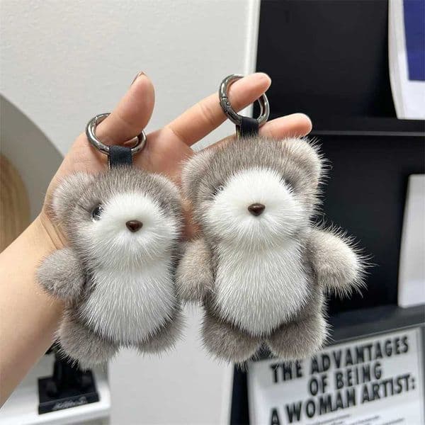 Luxury Real Mink Fur Cute Bear Keychain Pendant Bear Plush Doll High-End Bag Pendant Charm Ornament Kids Trinket Birthday GiftsXJ250115