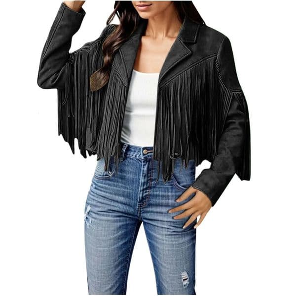 Winter Jackets For Women Fringe Suede Leather Jackets Tassel Motorcycle Cropped Coats Turndown Collar Open Front 250226
