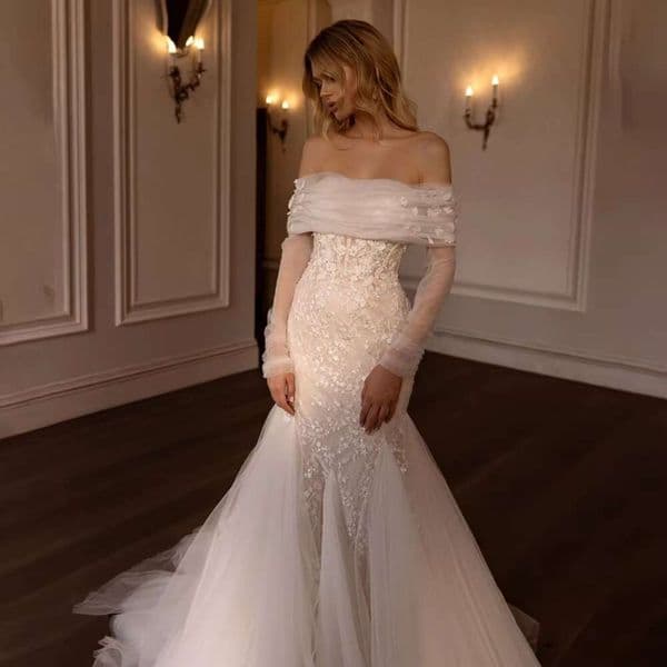 Fashion lace appliques chic off the shoulder res sequins mermaid bright pleated white wedding dresses