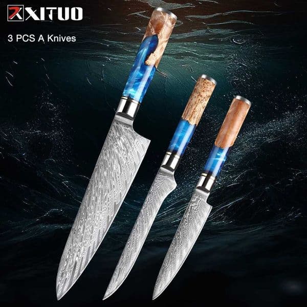 Damascus Knife Set 3 PCSJapanese Kitchen Knife Set with VG10 Steel Core Ultra-Sharp Professional Chef Knife Set and Full Tang W250208