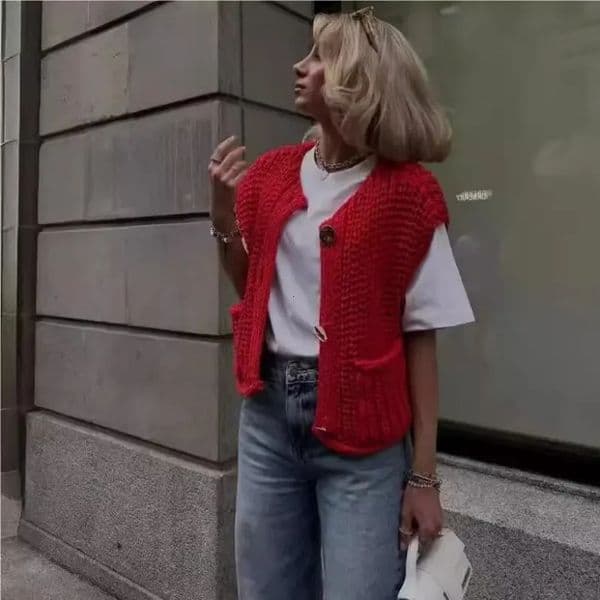 Fall Korean Fashion Sweater Vests Women V Neck Blue Button Up Front Pockets Sleeveless Cable Knit Vest Red 250207