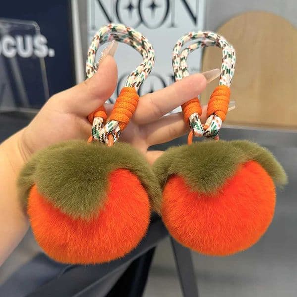 Cute Fluff Plush Orange And Persimmon Fruit Modeling Keychain Real Rex Rabbit Fur Keychain Bag Pendant Car Keyring Girl GiftXJ250115