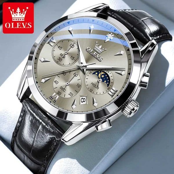 OLEVS 3609 Moon Phase Chronograph Man Watch Leather Strap Waterproof Luminous Luxury Brand Quartz Wrist Watches for Men Z250207