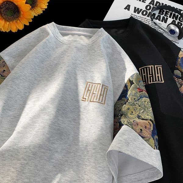 Trendy Bear Embroidery Tshirt Summer Big Size Men Korean Street Splicing Tshirts Casual Seven Sleeve Man Women Tee Tops 250120