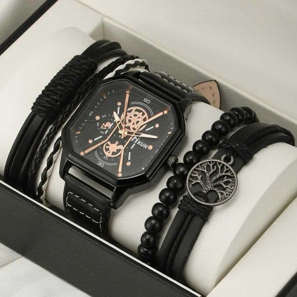 Alloy Men Quartz Watches Bracelets 5pcs/Set Casual PU Leather Strap Cool Black Watch Big Dial Square Sports Watch Wristwatches Z250207