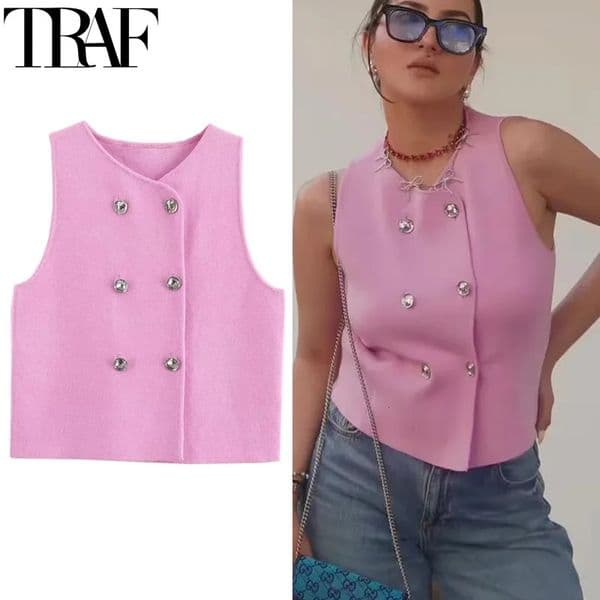 TRAF Sweater Lady Vests Sleeveless Pink Knitted Vest For Women Fall Round Neck Short Sweaters Elegant Knit Woman 250207