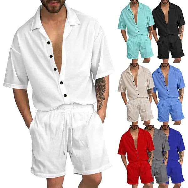 European and American Summer Suit Mens Casual Lapel Solid Color Shirt Button Up Cardigan Short Sleeved Shorts Set Mens250206BJ