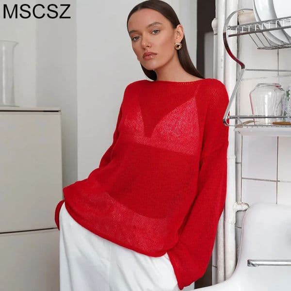 MSCSZ Womens Oversize Sweater Trend Transparent Knitted Autumn Cozy Sweaters Pullover ONeck Long Sleeve Tops Red 250208