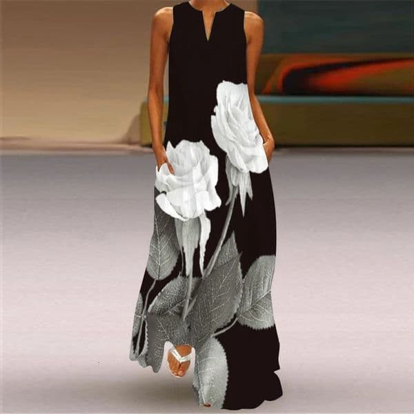 2024 Summer Womens Sleeveless Vneck Printed Sexy Long Dress for Cross Border Trade in Europe and America 250121BANJIA