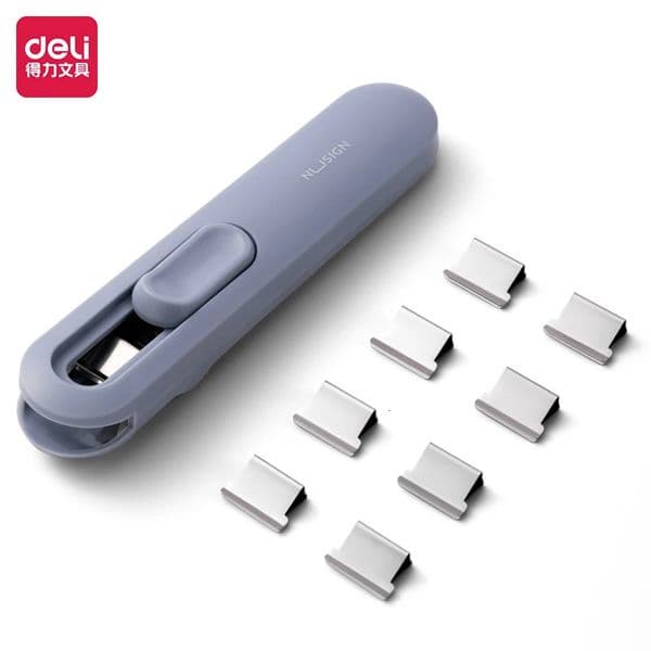 Deli Portable Hand Paper Clip Dispenser Stapler with 8pcs Metal Refill Clips File Document Clamp Binding Tool Clipper 250206BJ
