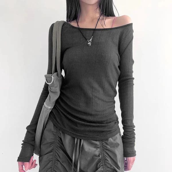 Korean Off Shoulder Crop Tops Cyber Grunge Backless Tie Up T-shirt 90s Vintage Long Sleeve Slim Fit Ribbed Tees Harajuku Clothes 250208