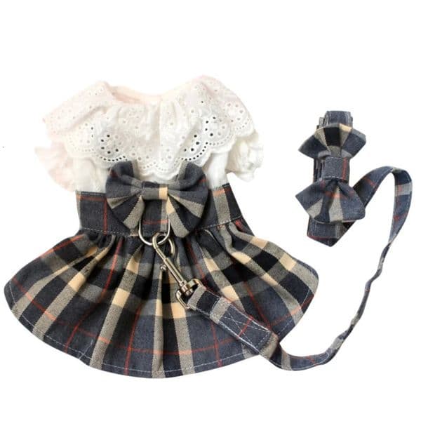 Lattice Dog Dress and Leash Set Cute Bowknot Teddy Bichon Dog Harness Vest Spring Summer Cat Dress Chihuahua Pet Clothing 250206