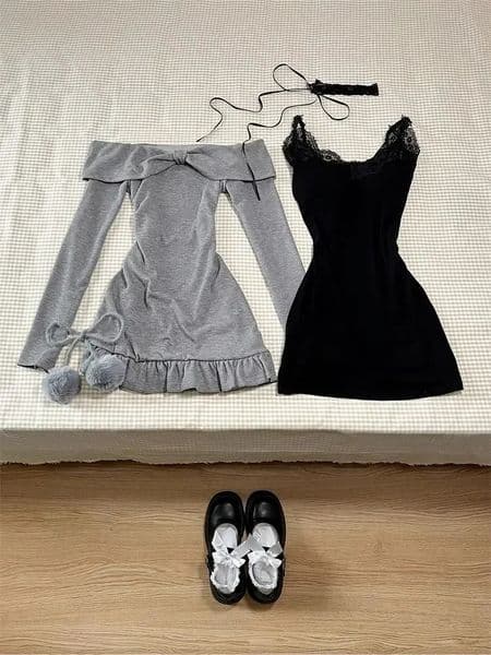 Sweet Sexy Lace Patchwork Black Camisole Dress WomenLong Sleeve Slim Fit Y2k Crop Tops Autumn Two Piece Sets Outfits 250208BJ