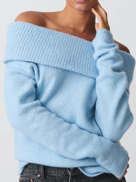 Women Off Shoulder Sweaters Long Sleeve Ribbed Knit Going Out Fall Tops Blouse Solid Color Boat Neck Loose Knitwear Pullover 250208