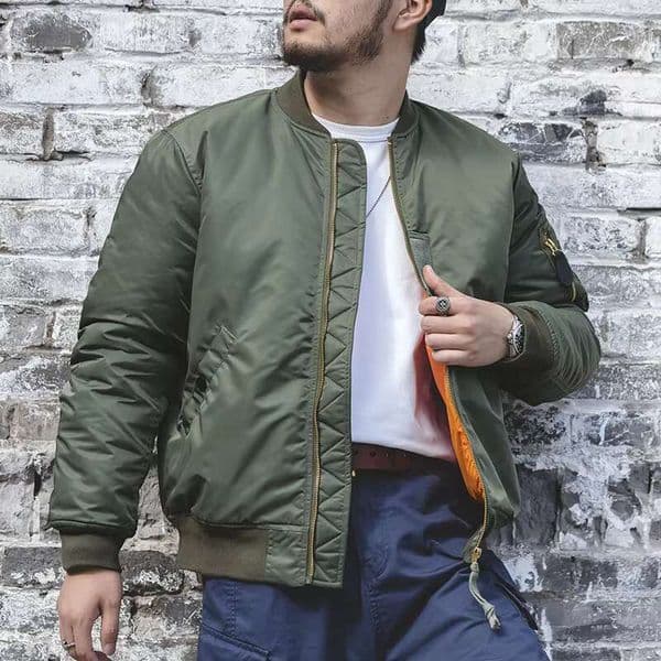Maden Vintage Ma1 Pilot For Men's Winter Green Cotton Thickened Coat Baseball Pockets Flight Zipper Jacket Outwear Tops
