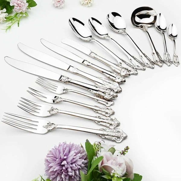 Dinnerware Set 6pcs Vintage Silver 304 Stainless Steel Cutlery Set Spoons Forks Knife Tableware Mirror Dinner Kitchen Flatware X250210