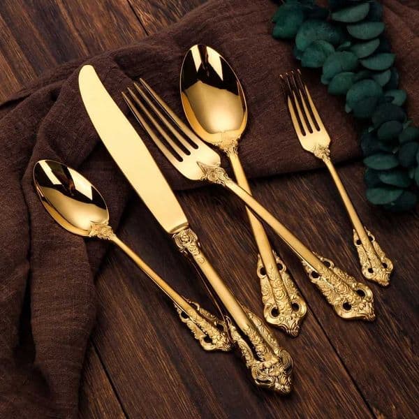 Gorgeous gold-plated tableware set 5/10/15/25/25/30 pieces luxury stainless steel tableware set Baroque hollow handle knife X250210