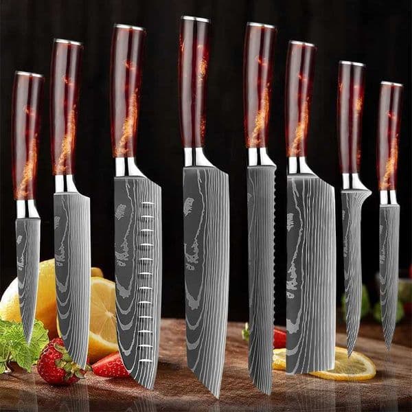 Professional Damascus Laser Kitchen Knife Slicing Meat Cleaver Japanese Santoku Knife Boning Utility Knife Red Resin HandleXJ250210