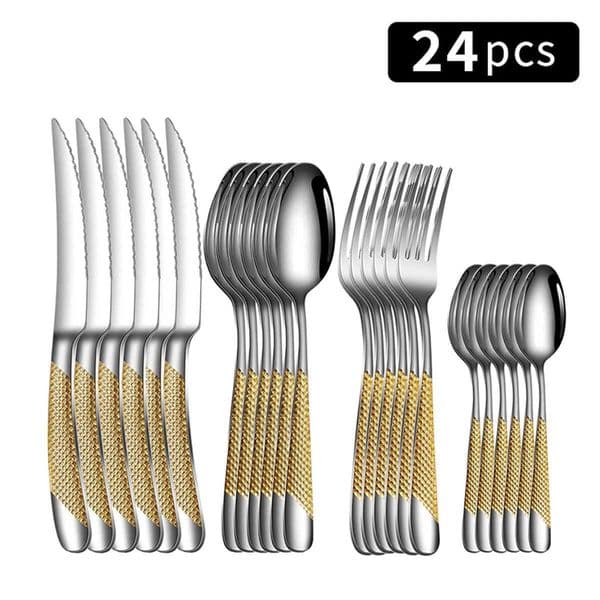 24pc Stainless steel tableware star steak knife and fork dessert fork spoon family suits X250210
