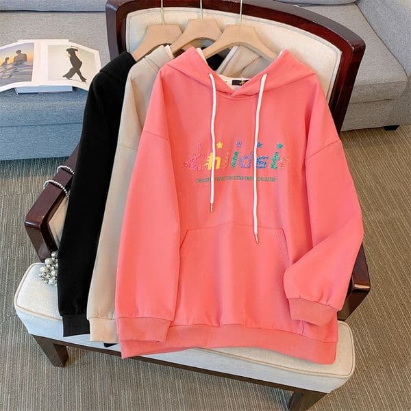 Plussize womens fallwinter leisure commute loose and comfortable hoodie Pink black printed hooded pocket longsleeved top big 250210