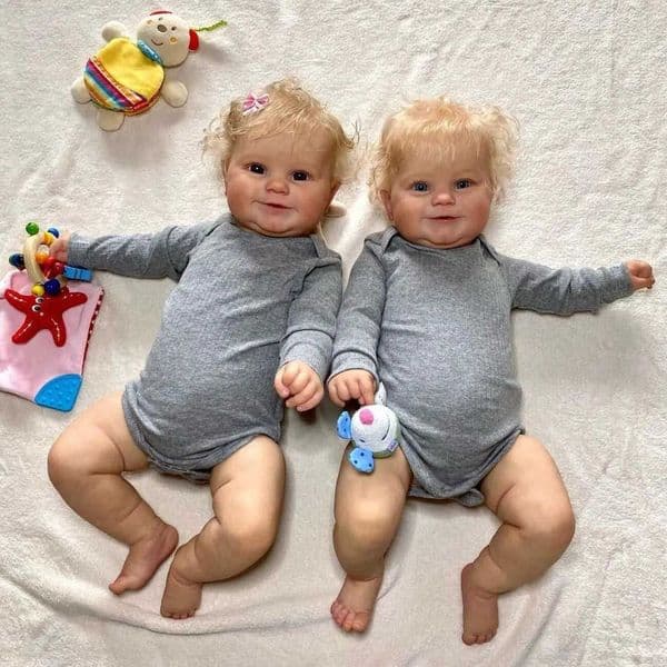 Real Life Twin Reborn Infant Doll Pair, Full Body Silicone Lifelike Blonde Baby Dolls in Casual Bodysuit, Collectible Ornament Toy as Holiday Present for Doll Fans