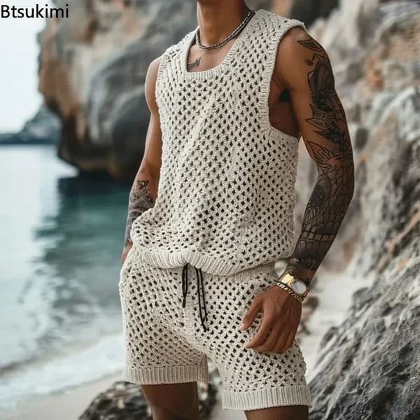 2025 Mens Summer Casual Knit Twopiece Sets Fashion Solid Loose Tank Tops and Shorts Beach Sport Suit Men Hollow Out Streetwear 250120