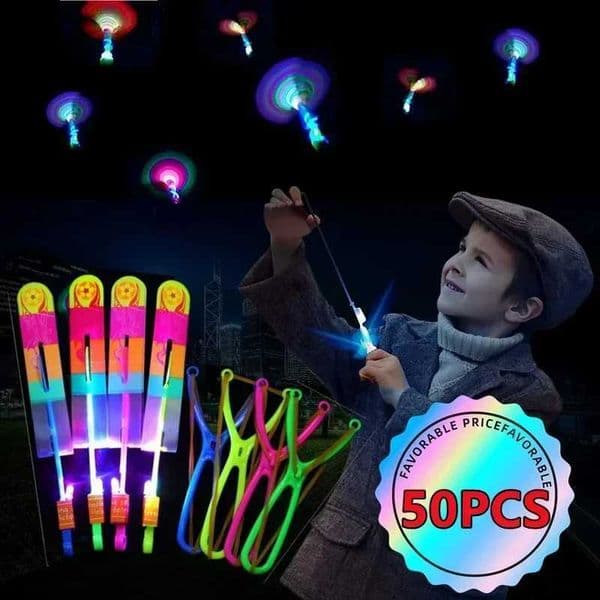 New 50/30/10/5/1Pc Amazing Light Toy Arrow Rocket Helicopter Flight Toy LED Light Toy Party Fun Gift Rubber Strap slingshot W250210