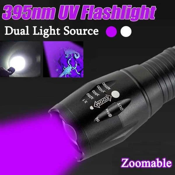 Purple White Dual Light Flashlights Ultraviolet Torch Zoom Retractable UV Flashlight Fluorescent Agent Detection Lighting Lamp Z250211