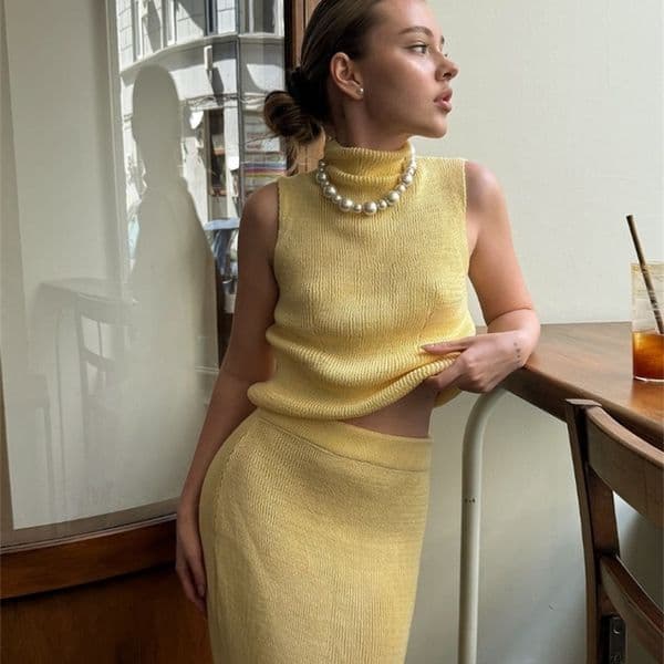 Slim Knit Turtleneck Vest Skirts Set Women Green Sleeveless Sweater Waistcoat High Waist Skirt 2024 Autumn Ladies Elegant Outfit 250113