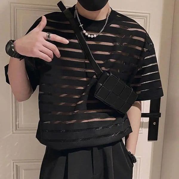 Men T Shirt Mesh Striped O-neck Short Sleeve Transparent Men Clothing Streetwear Sexy Korean Fashion Tee Tops S-5XL INCERUN 250211