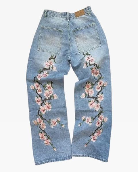 Streetwear Jeans Y2K Mens Harajuku Hip Hop Sakura Embroidery Retro Patch Heavy Baggy High Waist Wide Leg Trouser 250210Z