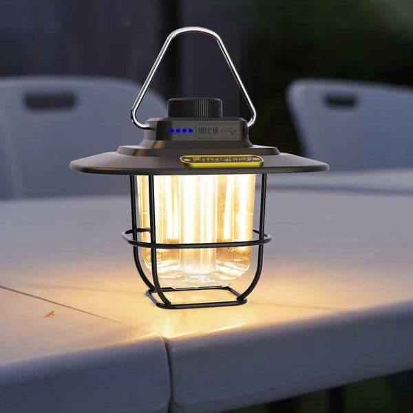 LED Decorative Hanging Lights Type-c Charging Retro Camping Lighting Battery Indicator with Hook Dimmable for Outdoor Equipment X250307