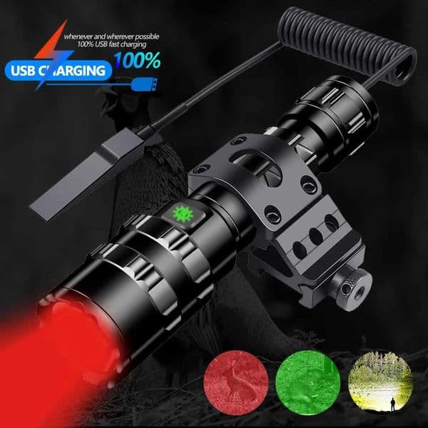 Professional Tactical Flashlight USB Rechargeable Red/Green/ White Light LED Flashlight Hunting Flashlights L2 Scout Light Z250211