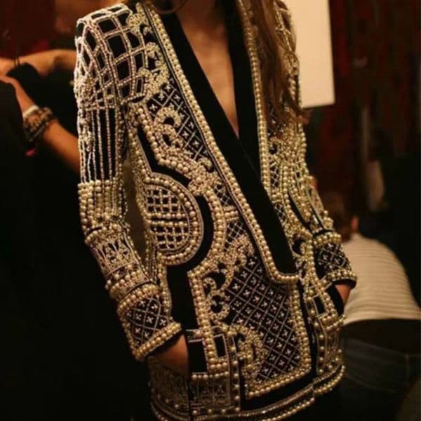 Fashion Women Suit Jacket V-Neck Retro Long Sleeved Bubble Bead Print Elegant Trend Versatile Loose Comfortable Suit Overcoat 250210