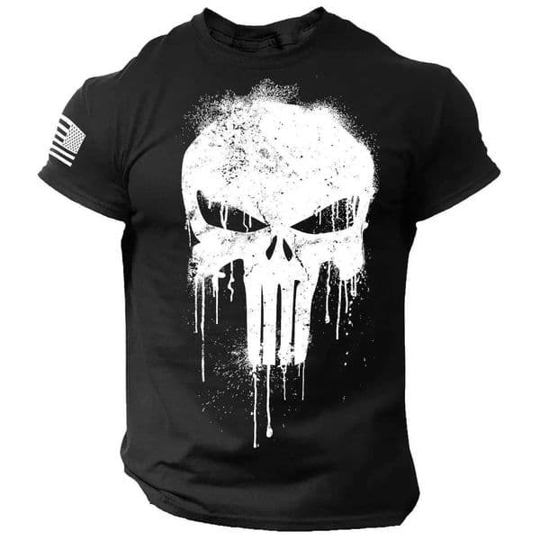 Summer Vintage Mens T Shirt Militar Skull Print Tees Casual Short Sleeve Pullover Oversized Man Clothing Outdoor O Neck T-ShirtXJ250211