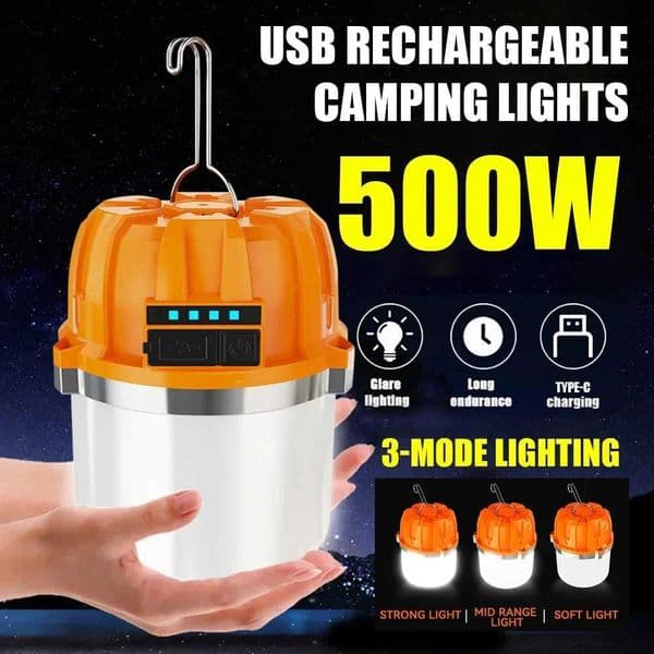 500W LED Camping Lantern USB Rechargeable Portable Lamp Bulb Flashlight with Power Display Emergency Light for Outdoors Fishing X250211