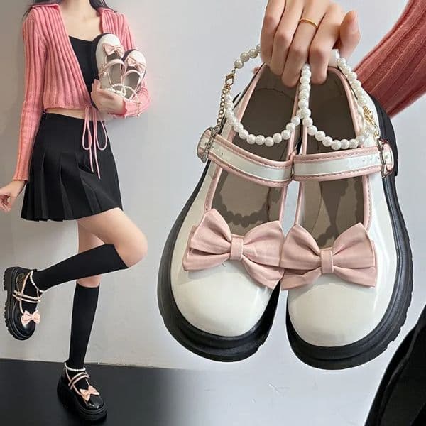 Lolita Leather Shoes Female Japanese JK Cute Girls Mary Janes Casual Platform Bow Pumps Loafers Pearl Ankle Buckle Heels Women