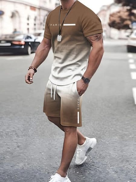 2 Piece Mens Fashion Summer Resort Clothing Set Gradient Short Sleeve TShirt and Pocket Drawstring Shorts 250210BANJIA