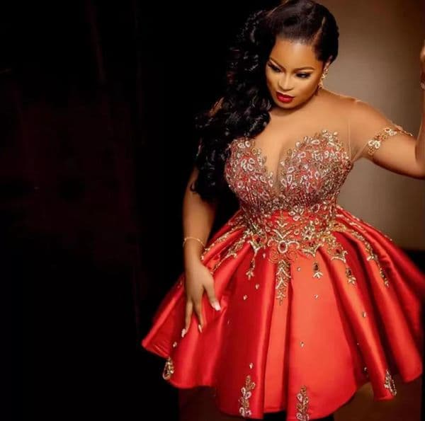 Orange Red Satin Puffy Short Prom Dresses Sheer Neck Beaded Short Sleeves Cocktail Party Evening Gowns Vestidos De Fiesta New 0211