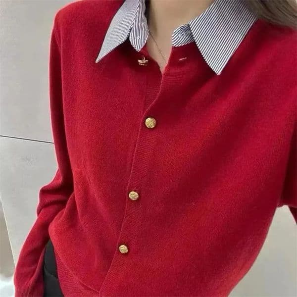 Fake Two shirts Collar Sweater Womens Autumn Outfit Lazy Linterior Contrasting Color Gray Knit Sweater Top With Flip Collar 250211