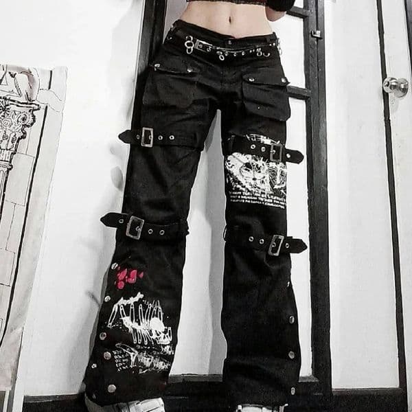 E-girl Gothic Black Cargo Pants Women Low Waist Jeans Long Trousers Y2K Grunge Vintage Hip Hop Punk Harajuku Streetwear 250211