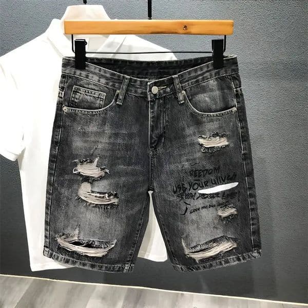 Harajuku Casual Summer Short Jeans Ripped Hole Cargo Knee Length Mens Denim Cotton Loose Black Grey Shorts 250211