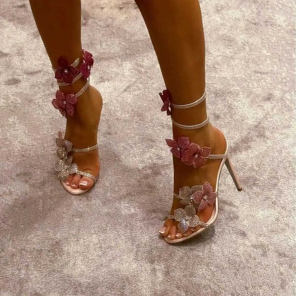 Pink Flower Rhinestone High Heels Sandals Shoes Sexy Rose hot Red Designer with Wrap Strap for Women Prom Party 2026 Z250212
