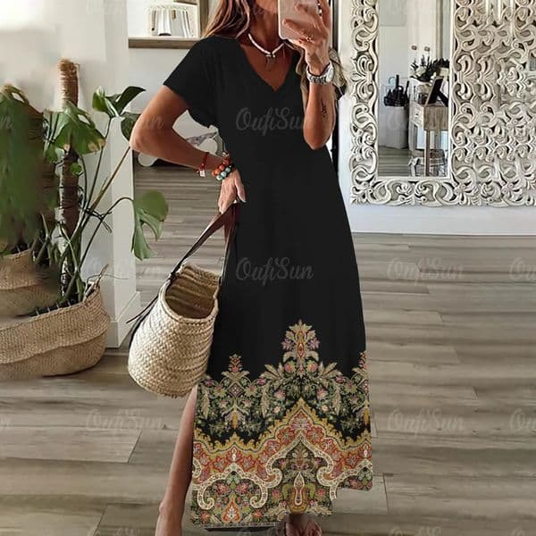 Female Evening V Neck Split Sexy Short Dresses Ethnic Vintage Sleeve Muslim Holiday Elegant Beautiful Women Dresse 250121BANJIA