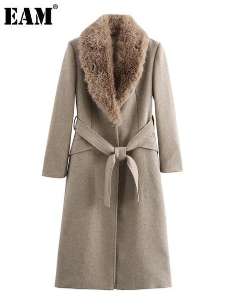 EAM Camel Big Size Elegant Woolen Coat Fur Collar Long Sleeve Laceup Women Jacket Fashion Autumn Winter 2024 30A2707 250109Z