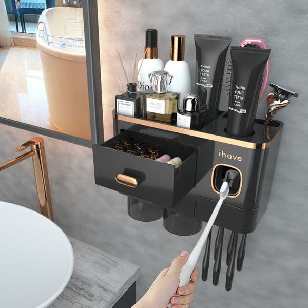 Bathroom toothbrush holder - upgraded wall mounted toothbrush holder with tooth pad dispenser - large tray cosmetic drawer 250208