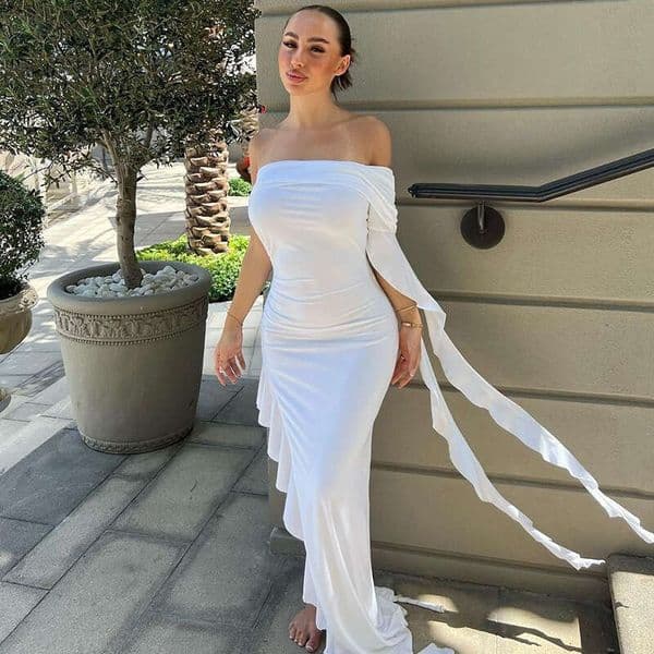 European and American women's summer product fashion personality one shoulder pleated solid color slim fit dress wholesale 2025 temperament versatile new trend