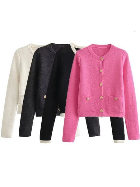TRAF Womens Knitted Cardigan Sweater Golden Buttons Front Patch Pockets Long Sleeve Female Outerwear Chic Tops 250211