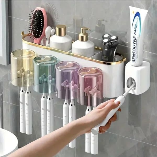 Toothbrush Holder With Squeezer Perforation-free Bathroom Shelf Mouthwash Cup Toothbrush Holder 250212