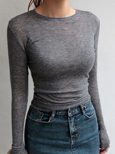 Slim High Quality Plain T Shirt Women Cotton Elastic Basic Tshirts Female Casual Tops Long Sleeve Sexy Thin Tshirt see through 250114